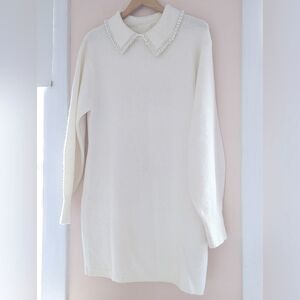 H&M Off White Knit Sweater Dress Pearl Bead Peter Pan Collar Large